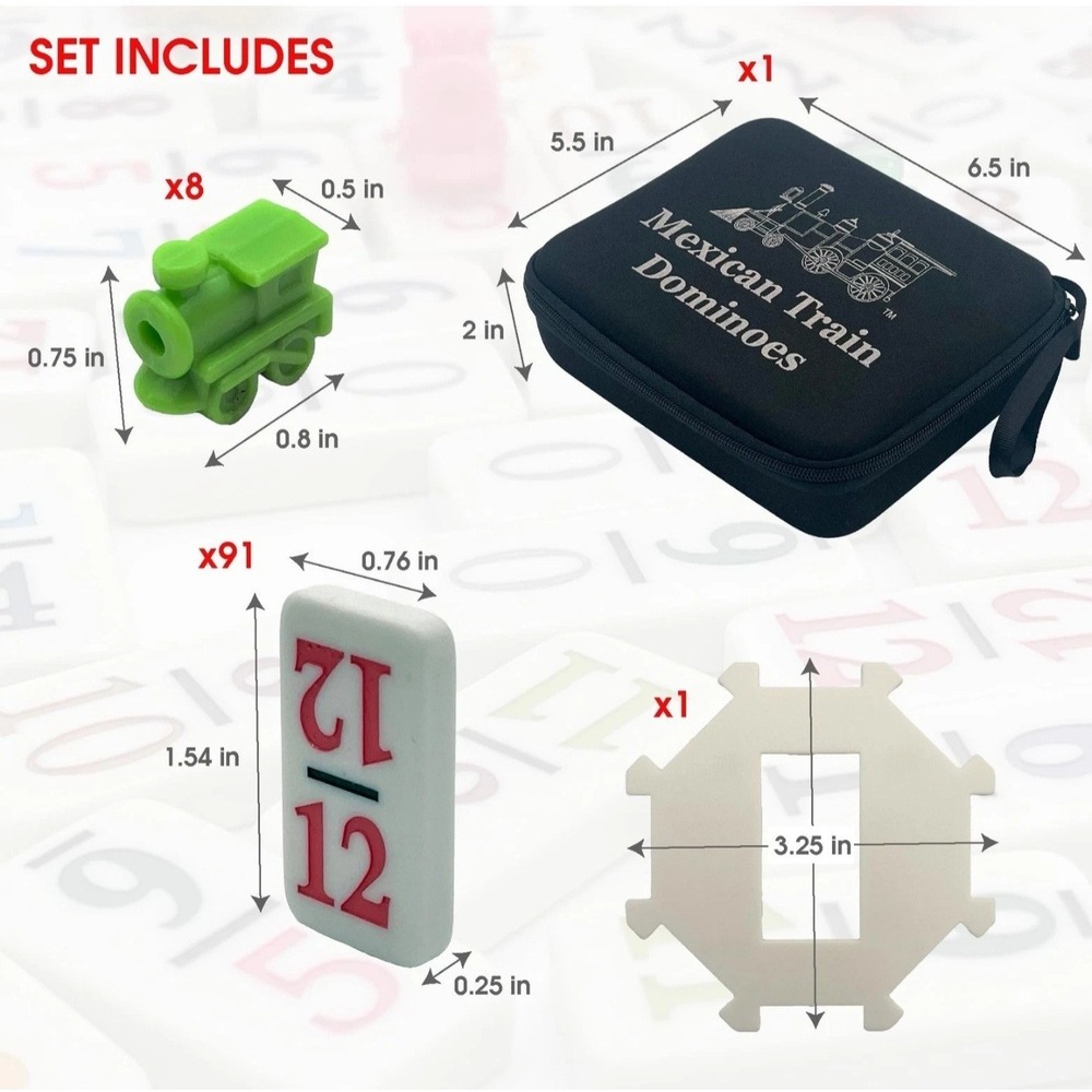 Double 12 Mexican Train Number Dominoes – Travel Size with Zip Up Case, Hub &...